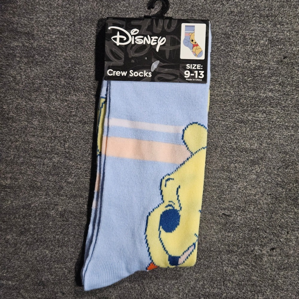 Disney Winnie the Pooh Mens Crew Socks Size 9-13 Light Blue Striped New